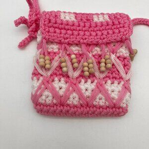Crochet Knit Beaded Purse Pink White Small Shoulder Bag Vintage Style Retro 6x7"